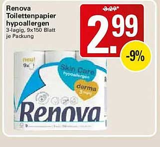 Renova Toilettenpapier hypoallergen 3-lagig, 9x150 Blatt je Packung