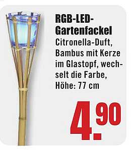RGB-LED-Gartenfackel Citroneella-Duft, Bambus mit Kerze im Glastopf, wechselt die Farbe, Höhe: 77 cm