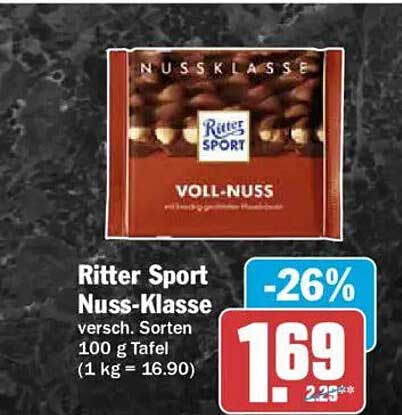 Ritter Sport Nuss-Klasse versch. Sorten 100 g Tafel (1 kg = 16.90)