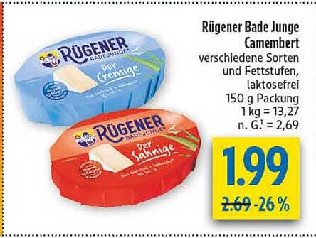 Rügener Bade Junde camembert verschiedene Sorten und Fettstufen, laktosefrei 150 g Packung 1 kg = 13,27 n. G.: 2,69