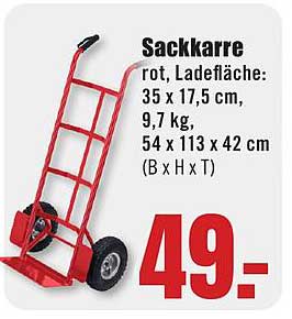 Sackkarre rot, Ladefläche: 35 x 17,5 cm, 9,7 kg, 54 x 113 x 42 cm (B x H x T)