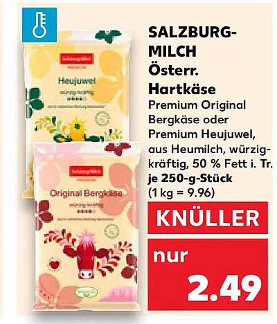 SALZBURG-MILCH Österr. Hartkäse Premium Original Bergkäse oder Premium Heujuwel, aus Heumilch, würzig-kräftig, 50 % Fett i. Tr. je 250-g-Stück (1 kg = 9.96)