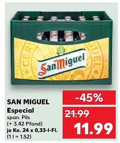 SAN MIGUEL Especial span. Pils (+ 3.42 Pfand) je Ka. 24 x 0,33-l-Fl. (1 l = 1.52)