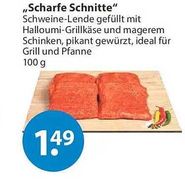 „Scharfe Schnitte“ Schweine-Lende gefüllt mit Halloumi-Grillkäse und magerem Schinken, pikant gewürzt, ideal für Grill und Pfanne 100 g