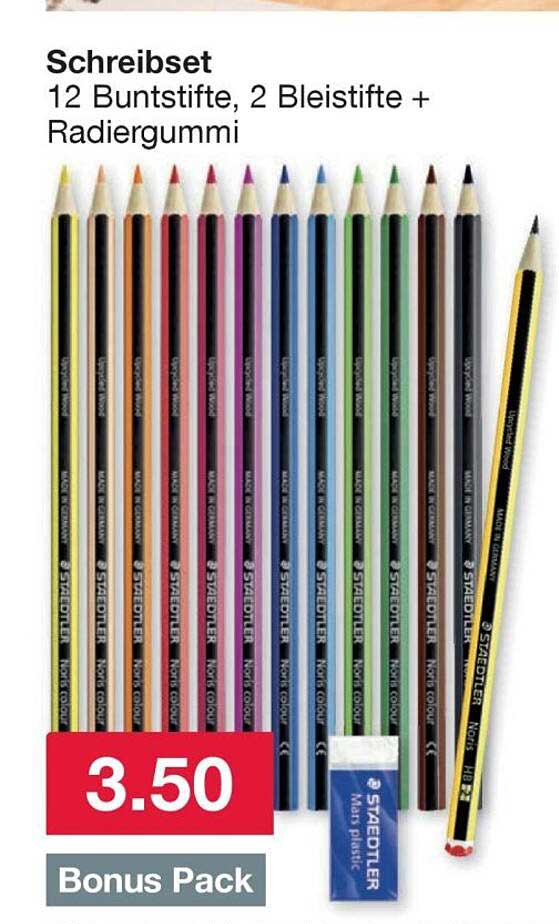 Schreibset 12 Buntstifte, 2 Bleistifte + Radiergummi