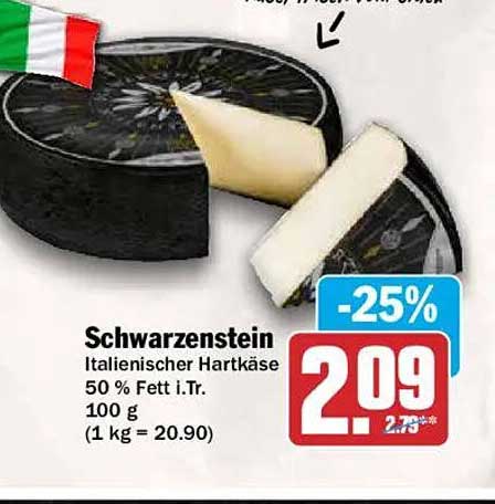 Schwarzenstein Italienischer Hartkäse 50 % Fett i.Tr. 100 g (1 kg = 20.90)
