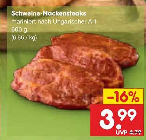 Schweine-Nackensteaks mariniert nach Ungarischer Art 600 g (6.65 / kg)