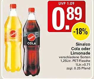 Sinalco Cola oder Limonade verschiedene Sorten 1,25Ltr. PET-Flasche 1Ltr.=0.71 zzgl. 0.25 Pfand