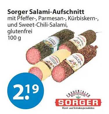 Sorger Salami-Aufschnitt mit Pfeffer-, Parmesan-, Kürbiskern-, und Sweet-Chili-Salami, glutenfrei 100 g