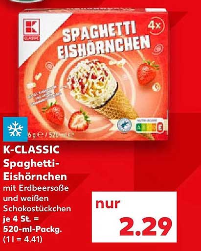 Spaghetti-Eishörnchen mit Erdbeersoße und weißen Schokostückchen je 4 St. = 520-ml-Packg. (1l = 4.41)