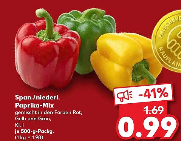 Span./niederl. Paprika-Mix gemischt in den Farben Rot, Gelb und Grün, Kl. I, je 500-g-Packg. (1 kg = 1.98)