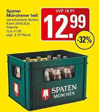 Spaten Münchener hell verschiedene Sorten Kiste 20x0,5Ltr. Flasche 1Ltr.=1,30 zzgl. 3.10 Pfand