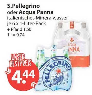 S.Pellegrino oder Acqua Panna italienisches Mineralwasser je 6 x 1-Liter-Pack + Pfand 1.50 1 l = 0.74