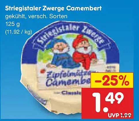 Streigstaler Zwerge Camembert gekühlt, versch. Sorten 125 g (11.92 / kg)