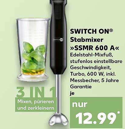 SWITCH ON® Stabmixer »SSMR 600 A« Edelstahl-Mixfuß, stufenlos einstellbare Geschwindigkeit, Turbo, 600 W, inkl. Messbecher, 5 Jahre Garantie je