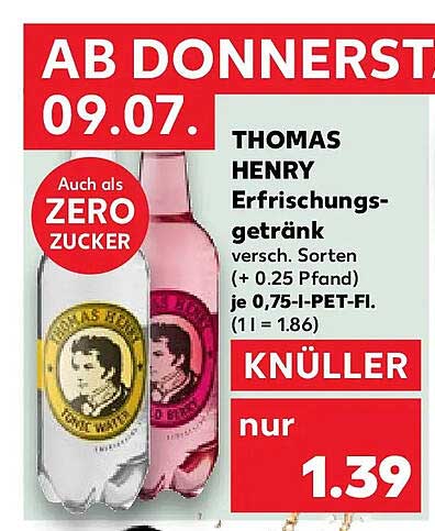 THOMAS HENRY Erfrischungsgetränk verschieden. Sorten (+ 0,25 Pfand) je 0,75-l-PET-Fl. (1 l = 1.86)