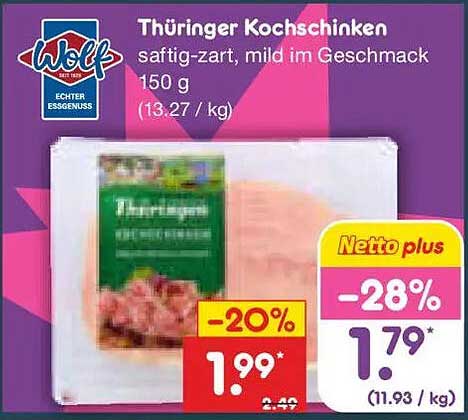 Thüringer Kochschinken saftig-zart, mild im Geschmack 150 g (13.27 / kg)