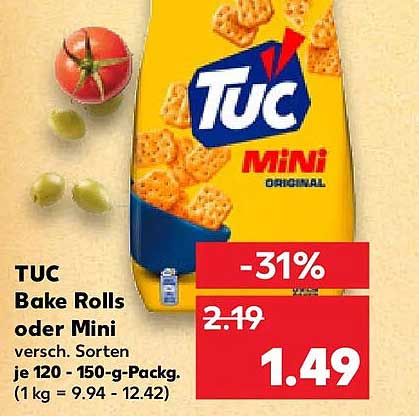 TUC Bake Rolls oder Mini versch. Sorten je 120 - 150-g-Packg. (1 kg = 9.94 - 12.42)
