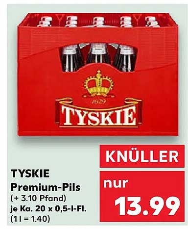 TYSKIE Premium-Pils (+ 3.10 Pfand) je Ka. 20 x 0,5-l-Fl. (1 l = 1.40)