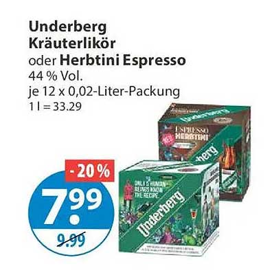 Underberg Kräuterlikör oder Herbtini Espresso