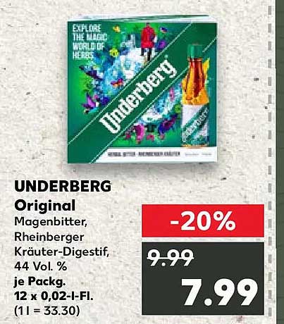 UNDERBERG Original Magenbitter, Rheinberger Kräuter-Digestif, 44 Vol. %, je Packg. 12 x 0,02-l-Fl. (1 l = 33.30)