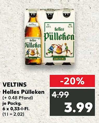 Veltins Helles Pülleken (+ 0,48 Pfand) je Packg. 6 x 0,33-l-Fl. (1 l = 2.02)