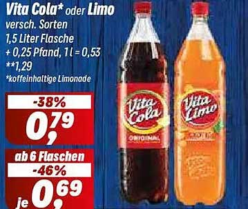 Vita Cola* oder Limo versch. Sorten 1,5 Liter Flasche + 0,25 Pfand, 1 l = 0,53 **1,29 *koffeinhaltige Limonade