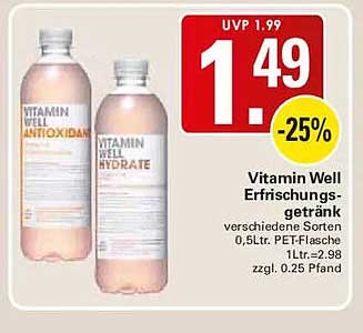 Vitamin Well Erfrischungs-getränk verschiedene Sorten 0,5 Ltr. PET-Flasche 1 Ltr.=2,98 zzgl. 0,25 Pfand