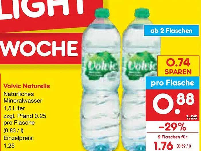 Volvic Naturelle Natürliches Mineralwasser 1,5 Liter zzgl. Pfand 0.25 pro Flasche (0.83 / l) Einzelpreis: 1.25