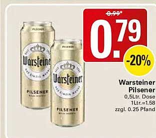 Warsteiner Pilsener 0,5Ltr. Dose 1Ltr.=1,58 zzgl. 0,25 Pfand