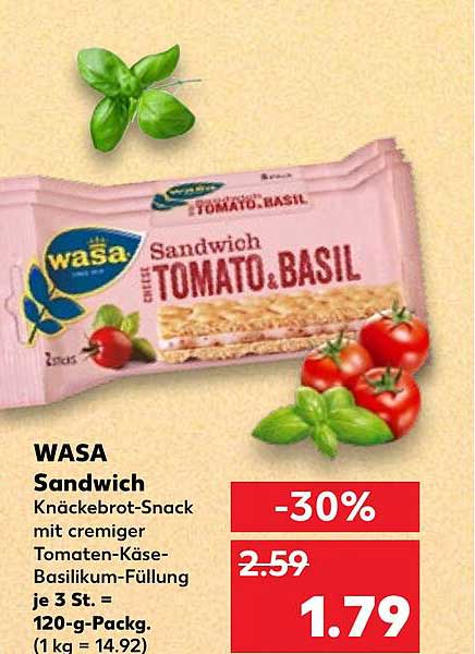 WASA Sandwich Knäckebrot-Snack mit cremiger Tomaten-Käse-Basilikum-Füllung je 3 St. = 120-g-Packg. (1 kg = 14.92)