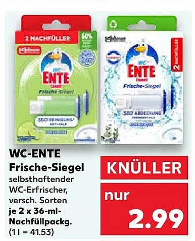 WC-ENTE Frische-Siegel selbsthaftender WC-Erfrischer, versch. Sorten je 2 x 36-ml-Nachfüllpack. (1 l = 41.53)