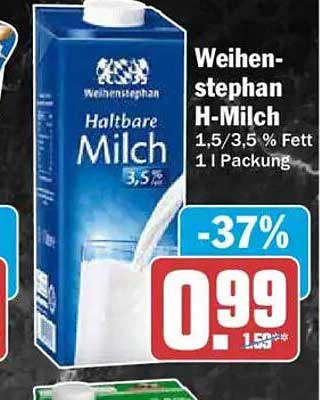Weihenstephan H-Milch 1,5/3,5% Fett 1 l Packung