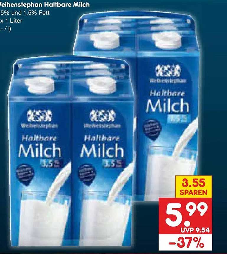Weihenstephan Haltbare Milch 1,5 % und 1,5 % Fett x 1 Liter