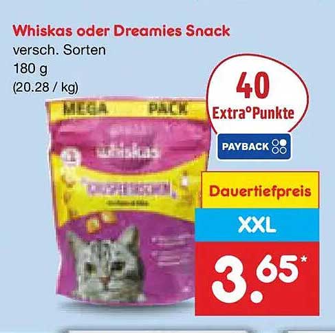Whiskas oder Dreamies Snack versch. Sorten 180 g (20.28 / kg)