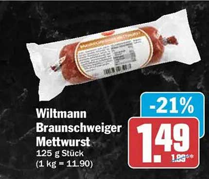 Wiltmann Braunschweiger Mettwurst 125 g Stück (1 kg = 11.90)