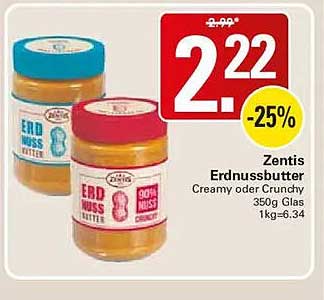 Zentis Erdnussbutter Creamy oder Crunchy 350g Glas