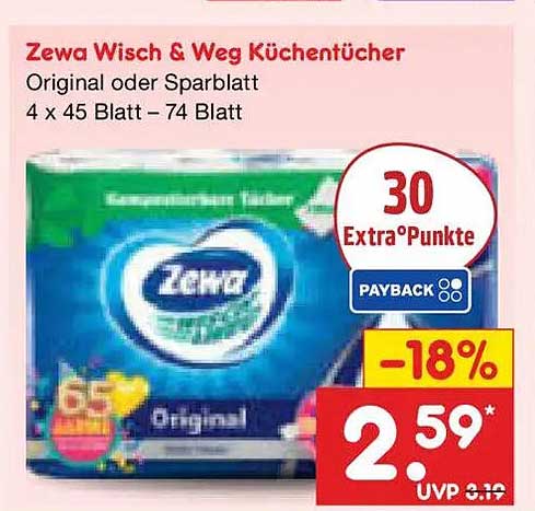 Zewa Wisch & Weg Küchentücher Original oder Sparblatt 4 x 45 Blatt – 74 Blatt