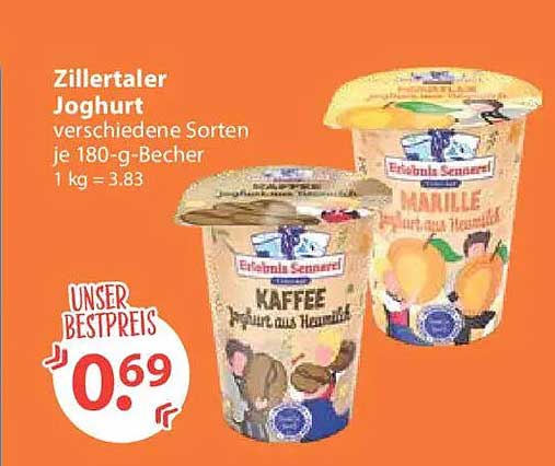 Zillertaler Joghurt verschiedene Sorten je 180-g-Becher 1 kg = 3.83