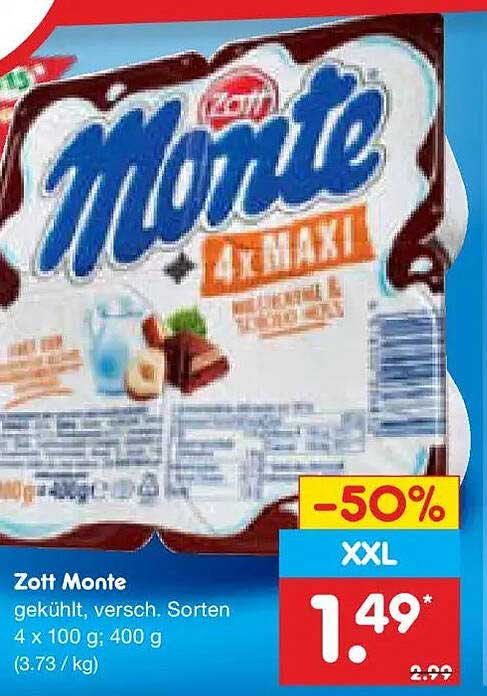 Zott Monte gekühlt, versch. Sorten 4 x 100 g; 400 g (3.73 / kg)
