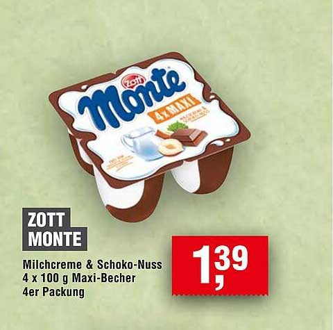 ZOTT MONTE Milchcreme & Schoko-Nuss 4 x 100 g Maxi-Becher 4er Packung