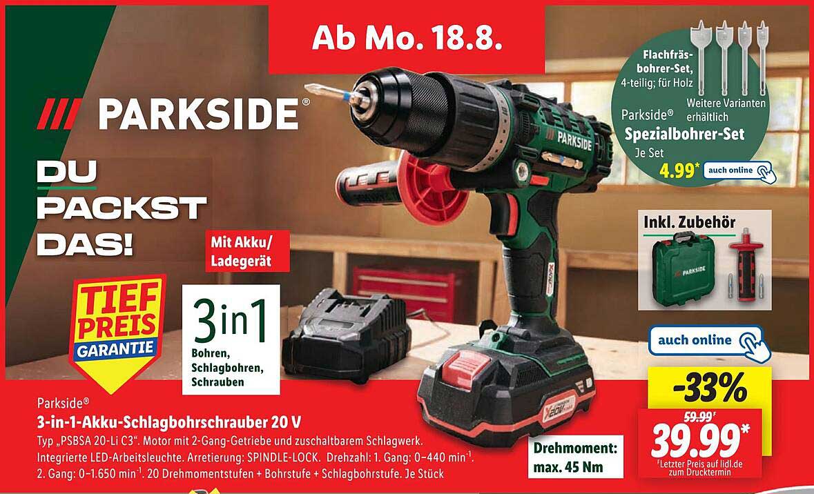 3-in-1-Akku-Schlagbohrschrauber 20 V von Parkside