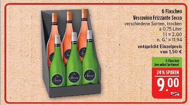 6 Flaschen Vescovino Frizzante Secco - verschiedene Sorten, trocken à 0,75 Liter