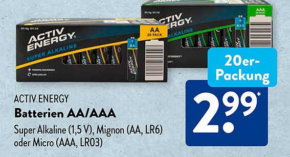 ACTIV ENERGY Batterien AA/AAA – 20er-Packung für nur 2,99 €