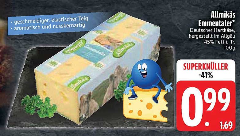 Allmikäs Emmentaler* Deutscher Hartkäse, hergestellt im Allgäu 45% Fett i. Tr. 100g