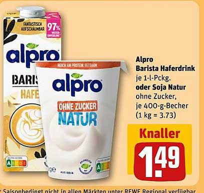 Alpro Barista Haferdrink oder Soja Natur ohne Zucker 400g-Becher
