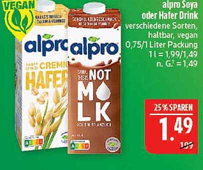 alpro Soya oder Hafer Drink, verschiedene Sorten, 0,75 Liter - 25 % sparen!
