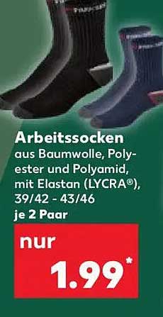 Arbeitsstrümpfe aus Baumwolle, Polyester und Polyamid, mit Elastan (LYCRA®), 39/42 - 43/46 je 2 Paar