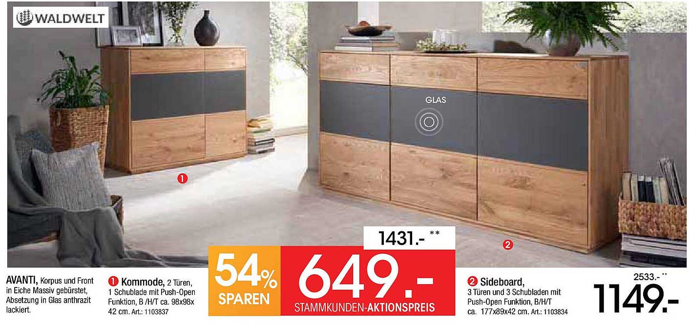 AVANTI Kommode in Eiche Massiv mit Push-Open Funktion