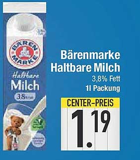 Bärenmarke Haltbare Milch 3,8% Fett 1l Packung